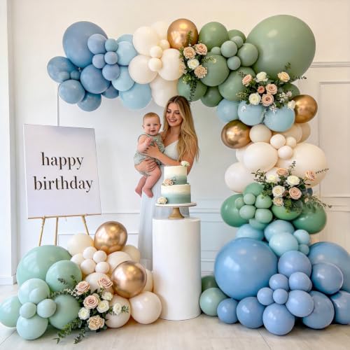 Image of Dusty Blue Green Balloon Arch Kit,White,Gold,144 pcs | Different Sizes for18 12 10 5 inch ,Baby Shower,Wedding,Bridal Boho, Birthday Party,Decorations