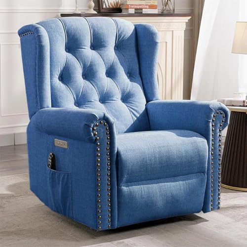 Image of Power Swivel Rocking Recliner Chair with Electric Rocker Nursery Reclining Chair, Wingback Tufted Upholstered for Living Room, USB Ports Color Navy Blue