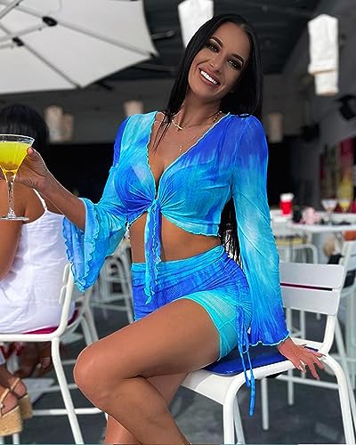 Image of Women's Sexy Long Sleeve Two 2 Pieces Outfits Sheer Mesh Mini Dress Skirt Set Top V Neck Backless Ruched Bodycon Cover Up