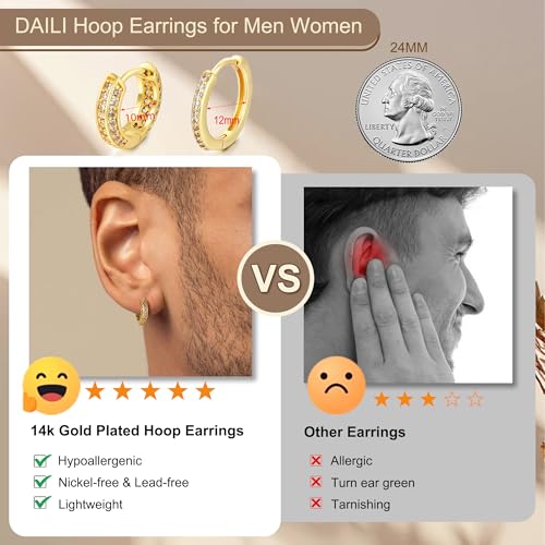 Gold Hoop Earrings for Men Women,Hypoallergenic Surgical Stainless Steel Earrings for Sensitive Ears,Small Cubic Zirconia Cartilage Huggie Hoop Earrings Piercing Jewelry Sets 10mm 12mm2