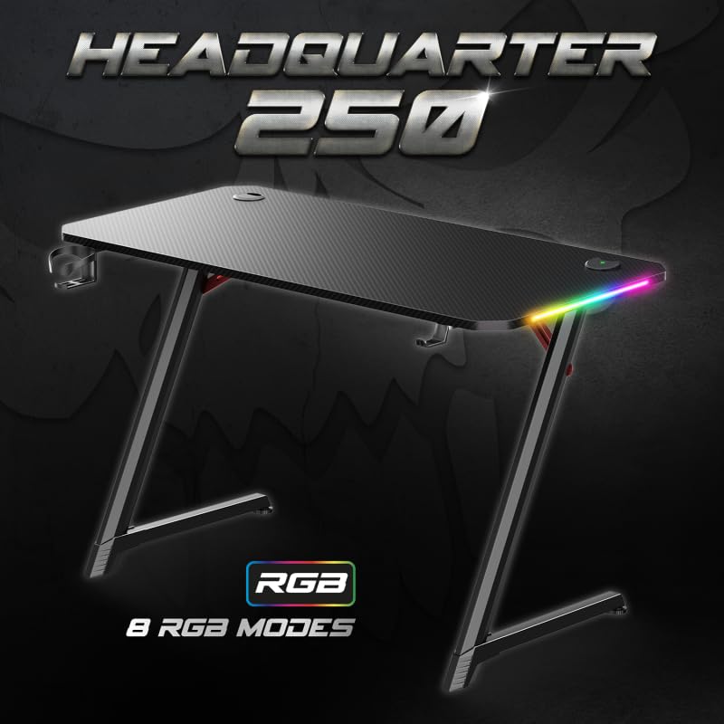Bureau Gaming HEADQUARTER 250, 120 x 60 cm, LED RGB 8 Modes, Support Casque, Porte-gobelet, Design en Z, Noir avec Effet Carbone