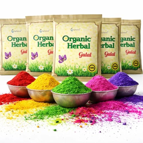 GRAPHENE 5 Pack Holi Herbal Gulal Colour for Kids Organic Phool Color Holi Gift Combo & 100 Water Balloons Non-toxic Natural Skin Safe Abeer Gulaal Yellow Pink Blue Orange Purple Green (5×80gm)