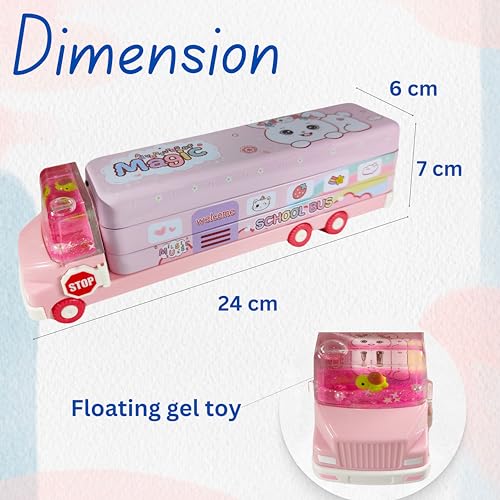Image of ZAFCO Metal Bus Pencil Box for Boys | Gel Toy with Moving Wheels Compass for Kids | Pen Box for Students | Geometry for School | Birthday Return Gift 1 Unit (Pink-Truck)