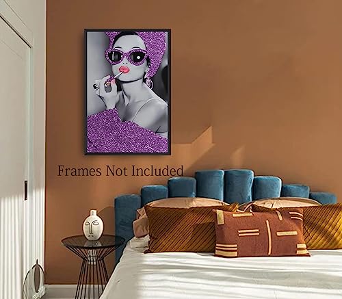 African American Black Woman Purple Glitter Textured Canvas Print Poster,Sparkly Women's Canvas Painting,Fashionable Wall Art Bathroom Decoration Printing And Painting,Modern Women's Fun Art Poster Picture Frameless (16X24 Inch) #TOP1