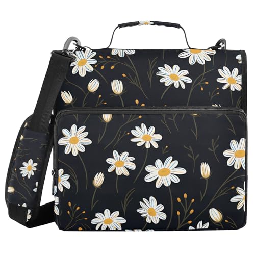 Image of 3 Ring Zipper Binder with Shoulder Strap White Daisy Flower Black 1.5 inch Binders Keeper Large Capacity Multi Pockets for School Office Supplies