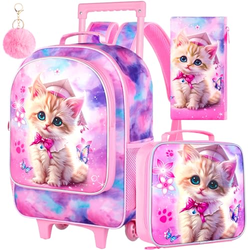 AGSDON 3PCS Rolling Backpack for Girls, Kids Roller Wheels Bookbag, Wheeled Elementary School Bag with Lunch Bag - Cat
