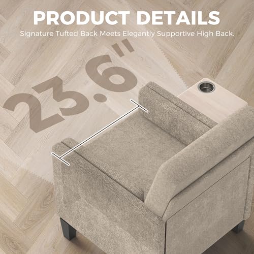 Image of Chenille Accent Chair, Mid Century Modern Arm Chair with Foldable Wooden Side Table & Cup Holder - Comfy Reading Chair for Bedroom,Living Room Chairs,Single Sofa Chair,Beige
