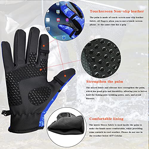 Drasry Touchscreen Fishing Gloves Two-Finger Cut Suitable For 46℉ To 86℉ Neoprene Reinforced Non-Slip Waterproof Gloves For Fly Fishing Photography Hiking Jogging Cycling Walking Blue M #TOP2
