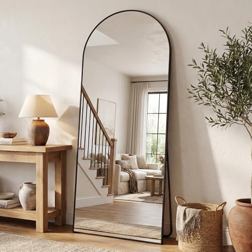 Image of Antok 58 inch x21 inch Arched Full Length Floor Mirror, Black Aluminum Frame, Free Standing /Wall Mount /Leaning for Bedroom, Living Room, Dressing Room