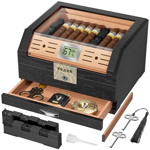 KEJIAR Cigar Humidor Cedar Wood Lined Humidor for 45-60 Cigars, Acrylic Top Cigar Box with Lock, Digital Hygrometer 2 Adjustable Humidifiers Drawer Cedar Tray Divider, Cigar Gifts Desktop Storage Box