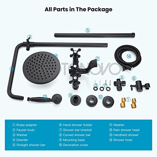 Matte Black Wall Mounted Bathroom Rainfall Shower Faucet System Set Mixer 8-Inch Round Head Double Cross Handles Bathroom Bathtub Hand Spray Tub Spout Bathroom Fixtures #TOP7