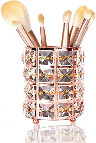 DARUITE Organizadores de maquillaje ,Soporte Organizador para brochas de maquillaje Cristal Makeup Organizer Bote de Maquillaje Almacenamiento de maquillaje para brochas, Cejas, lápices,Oro Rosa Cover