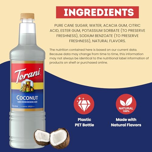 Image of Torani Coconut Syrup 1L with Pump - Coffee, Cocktails & Smoothies