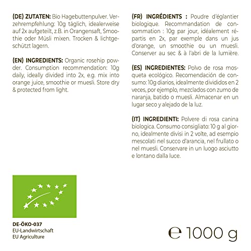 Foto von GreatVita Bio Hagebuttenpulver 1000g | Schonend gemahlenes Pulver aus 100% Bio Hagebutten | Reich an Vitaminen, Ballaststoffen & Mineralstoffen | Fruchtig-säuerlicher Geschmack Ideal für Smoothies