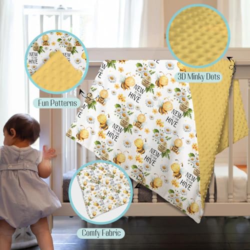 Image of Mink Baby Girls Blankets Honey Bumble Bee Floral, New to Hive Daisy Flower Soft Double Layer Dotted Backing Receiving Swaddle, Newborn Infant Toddler Nursery Crib Bedding Shower Gift 30x40