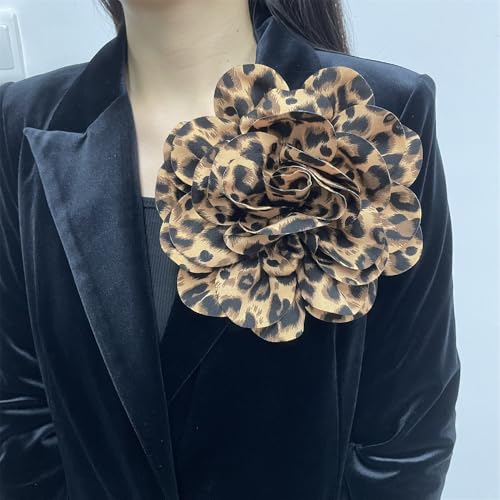 Image of Dainty Fabric Leopard Rose Flower Large Brooch Lapel Pins Handmade Big Flower Brooches Pin Classic for Women Wedding Party Dance Banquet Dress Suit Clothes Accessories Jewelry Gifts 190mm