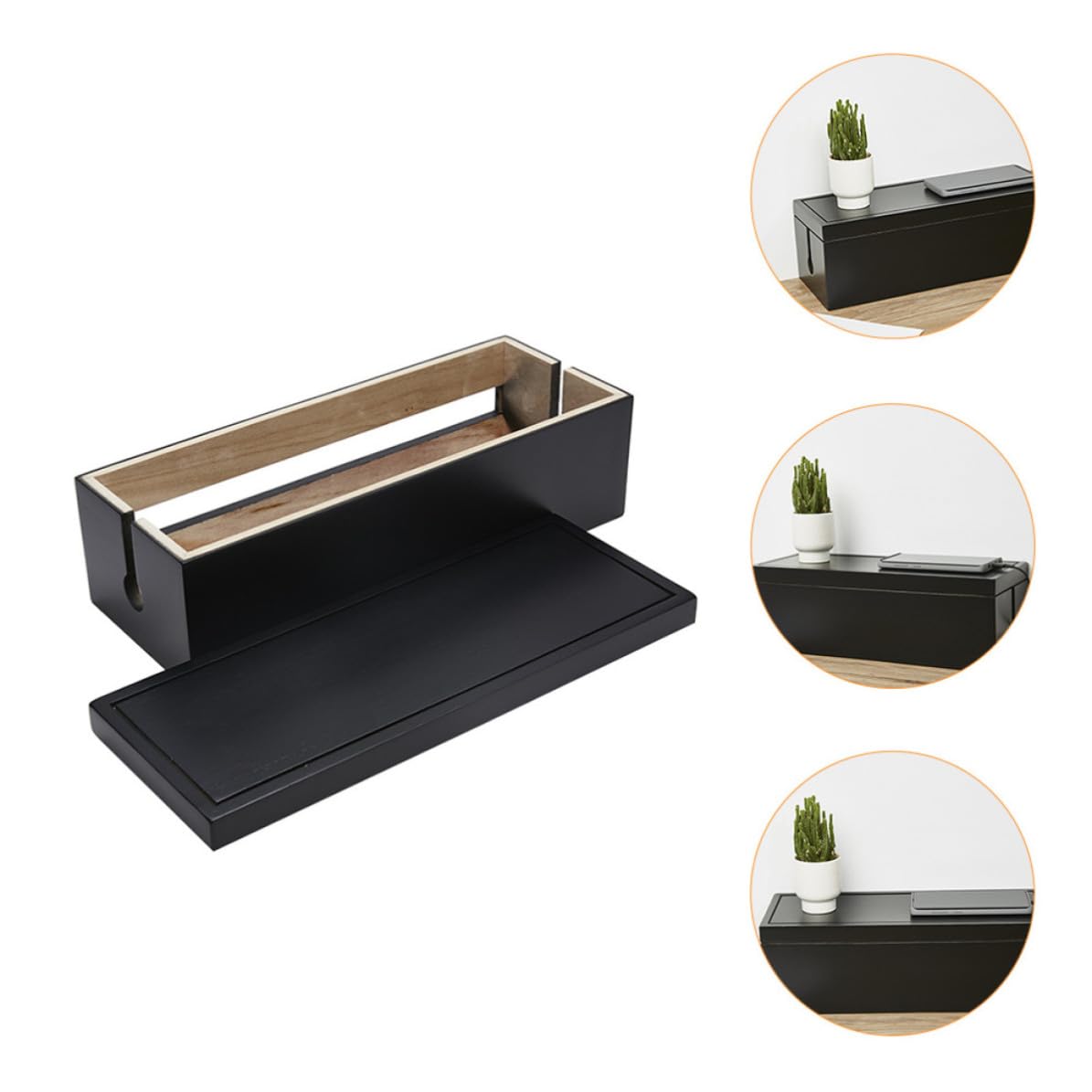 Scatola Gestione Cavi in Legno Nero Coperchio Aperto | Fili e Telefoni, Gestione Domestica e Ordine sulla Postazione, Design per Ricarica Multipla