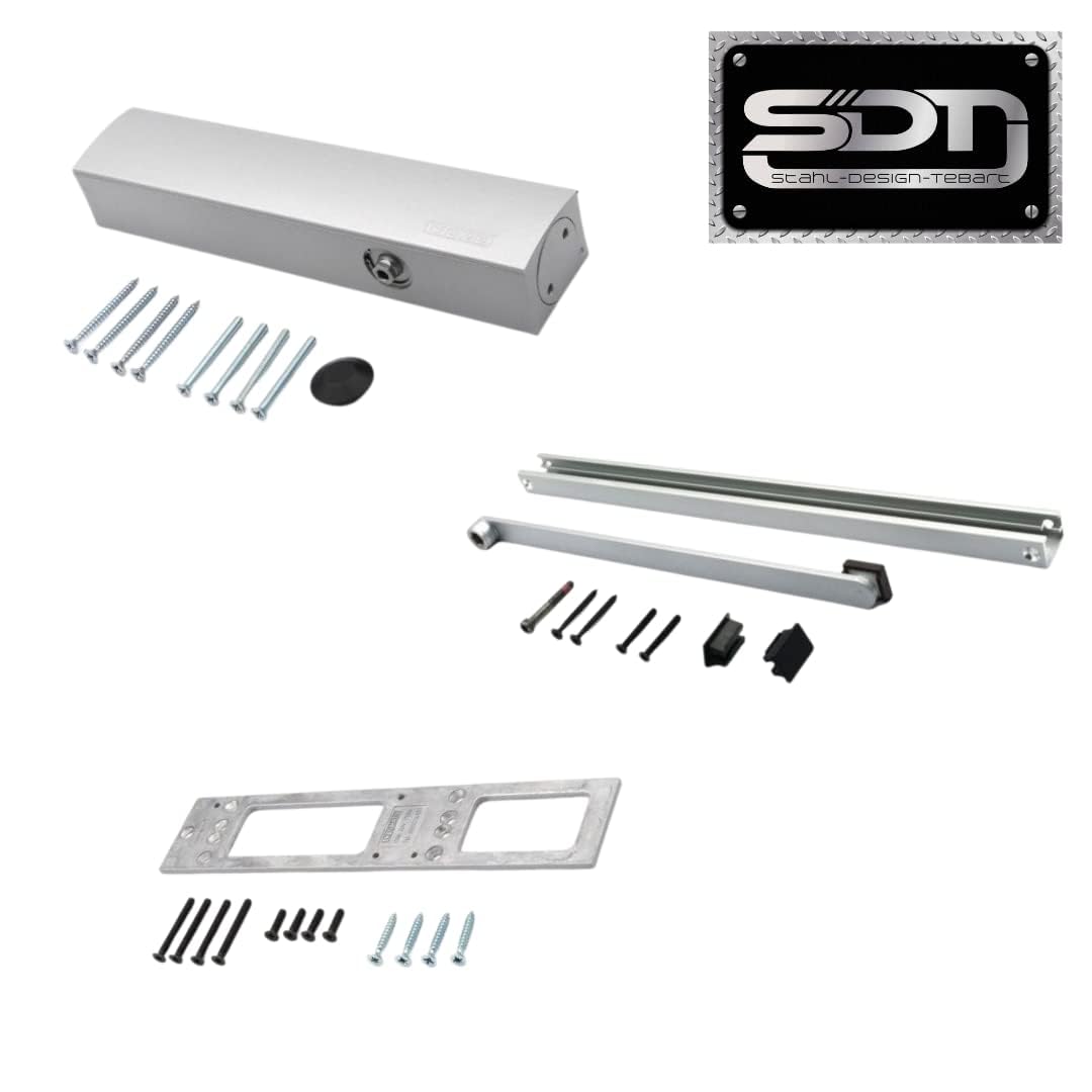 Geze GEZE TS5000 - Cierrapuertas (paquete completo, incluye placa de montaje y riel deslizante), color plateado