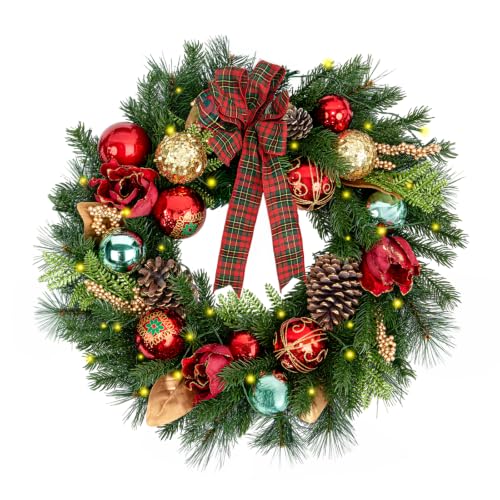 Hykolity 24 Inch Pre-Lit Magnolia Christmas Wreath with 30 Warm White LEDs and Timer, Battery Operated Artificial PE & PVC Wreath with Burgundy Flowers, Ornaments and Plaid Bow for Front Door