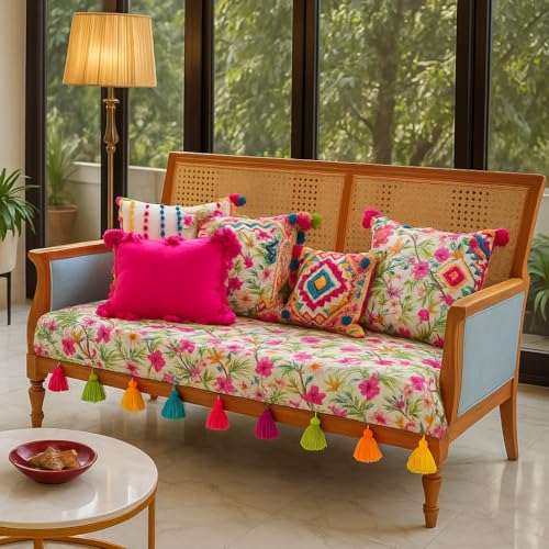 Image of WWW.THROWPILLOW.IN Neutral Tropical Floral Sofa Cover Tassels: Designer Premium Sofa Cover: Durable Sofa Throw, Wrinkle Free: Seat & Front Back Protection -Set of 3 Covers- Set (3+3+1 Seater)