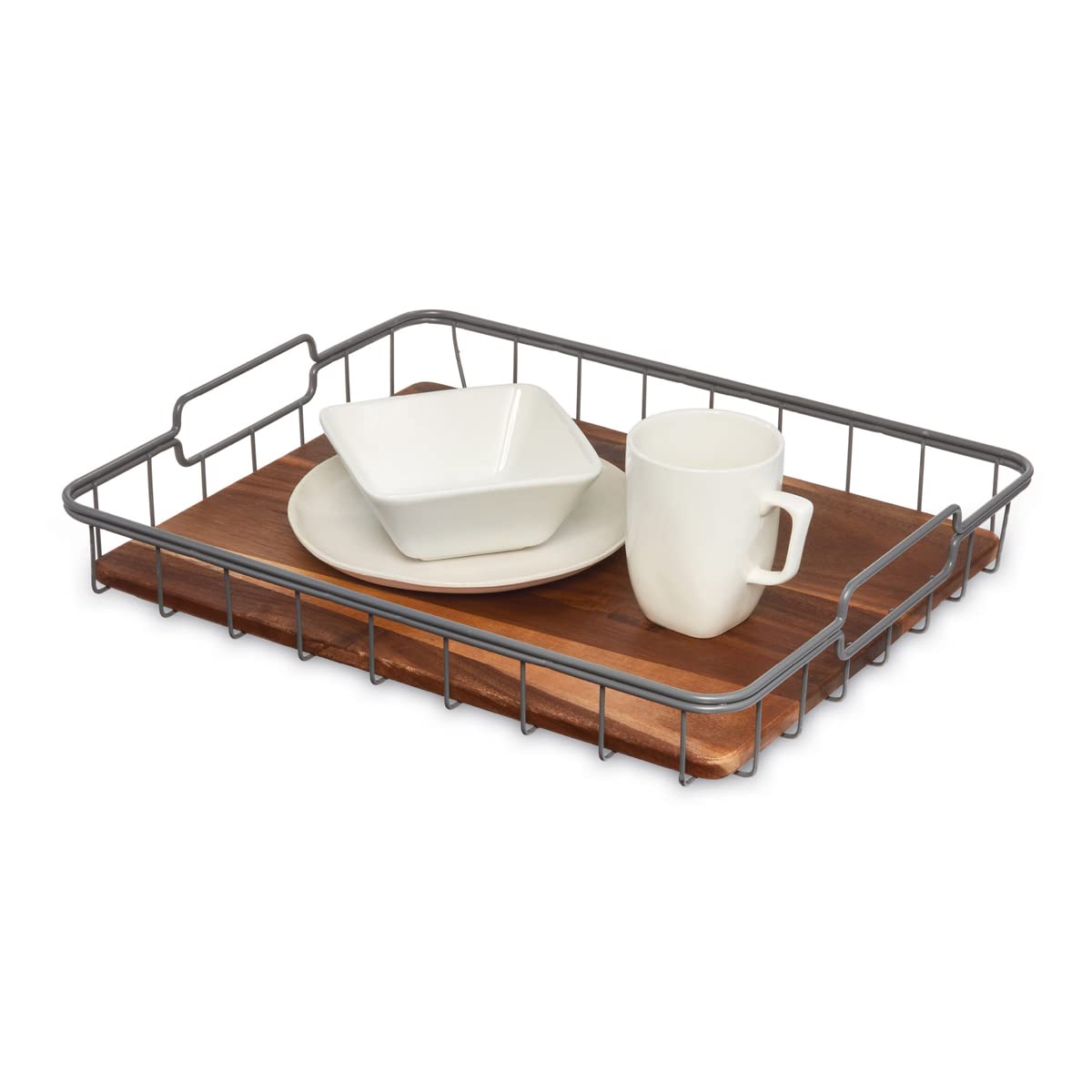 Photo 1 of iDesign The Ría Safford Collection Acacia Wood and Wire Serving Tray, 14.5" x 7.5" x 3.2"