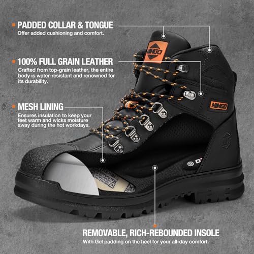 Image of NINGO Mens Steel Toe Work Boots, Full Grain Leather, Oil and Slip Resistant, Puncture Proof Construction Boots with Breathable Lining, Anti-static, Mens Safety Boots for Industrial, Warehouse