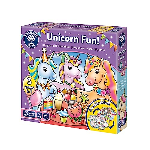Orchard Toys Unicorn Fun! - 3 in 1 Educational Board Games for 4+ Year Olds - Unicorn Gifts for Girls and Boys - Number and Counting Games for Kids - Age 4+ Years - 2-4 Players