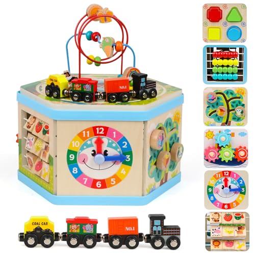 KABENFIS Juguetes Cubos de Actividades de Madera con Juguetes de educación y Aprendizaje de vías de Tren