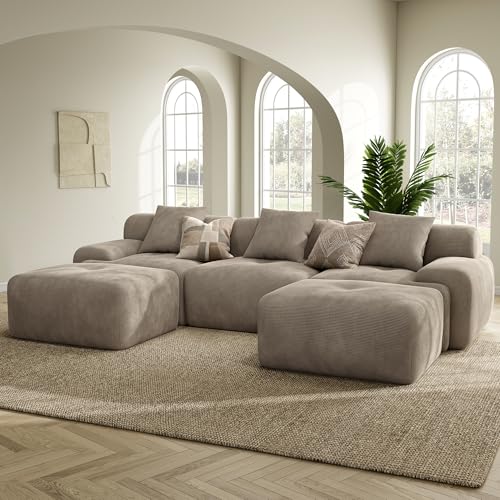 Image of LIKIMIO LumiCord Modular Sectional Sofa with 2 Ottomans, 118 inch U-Shaped Boneless Couch for Living Room, Oversized Deep Seat with Corduroy Upholstery, No Assembly Required, Light Brown