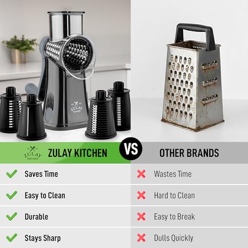 Image of Zulay Kitchen Rotary Cheese Grater 5 Blade Cheese Shredder - Manual Hand Crank Cheese Grater With Reinforced Suction & 5 Interchangeable Drums - Easy to Use, Vegetable Chopper Round Mandoline Slicer