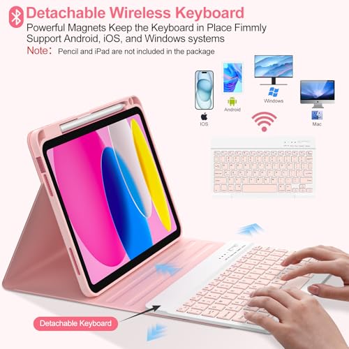 Image of COO Keyboard Case for iPad 11th A16 /10th Gen | Detachable Bluetooth Keyboard, Pencil Holder, Auto Wake /Sleep, 3 Angles, Shockproof PU TPU Cover, Pink