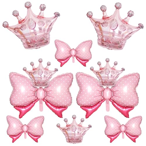 Image of 10pcs Rose Gold Crown Balloons And Light Pink Bow Balloon, Light Pink Bows Balloons, Large Rose Gold Crown Foil Balloon With Two Sizes For Birthday Baby Shower Theme Party Wedding Decor