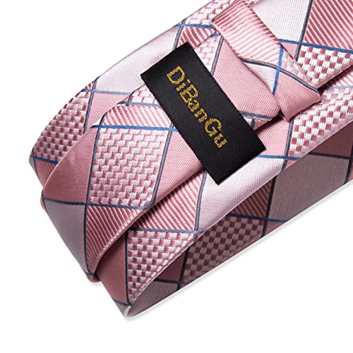 Image of DiBanGu Plaid Ties for Men Silk Checkered Necktie and Pocket Square Cufflinks Tie Clip Set with Gift Box for Wedding Business