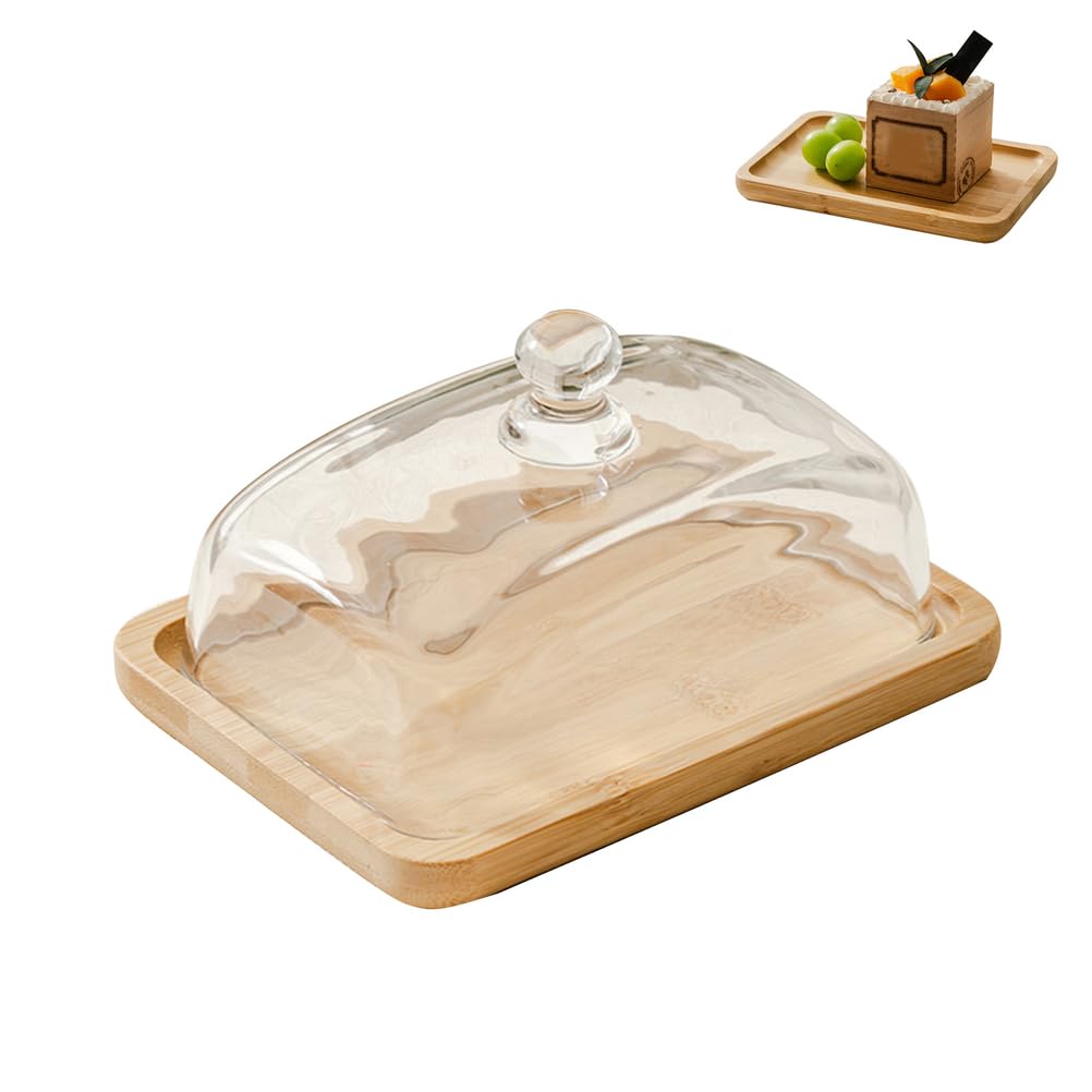 Uck-Kit Bamboo Wood Cake Stand With Lid, Rustic Acacia Wooden Cake Plate, Food Serving Platter For Cakes, Pastries, Cheese Boards, Clear Galss Cover,