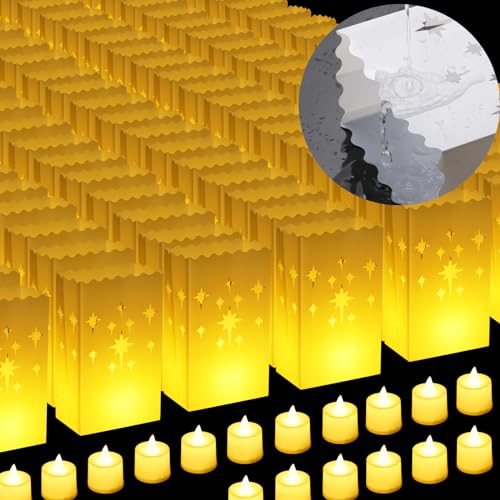 50 Pack Waterproof Luminary Bags with LED Flameless Candles Reusable Plastic Luminaria for Outdoor Christmas Wedding Birthday Party Decor White Pathway Lights for Walkway Patio & Garden