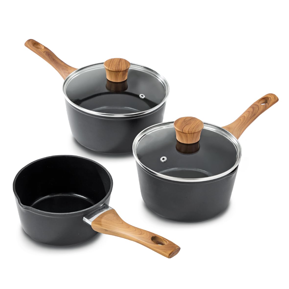 Blackmoor Sherwood Classic Range 68289 - Juego de 3 cacerolas antiadherentes con revestimiento de cerámica con tapas de vidrio templado y asas de efecto madera, sin PFAS, aptas para todo tipo de