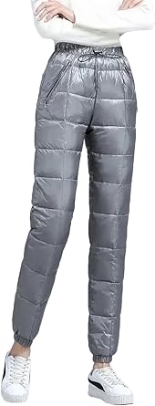 Womens Winter Down Cotton Puffy Pants Lace-Up High Waist Warm Pants Windproof Thick Snow Jacket Casual Slim Pants
