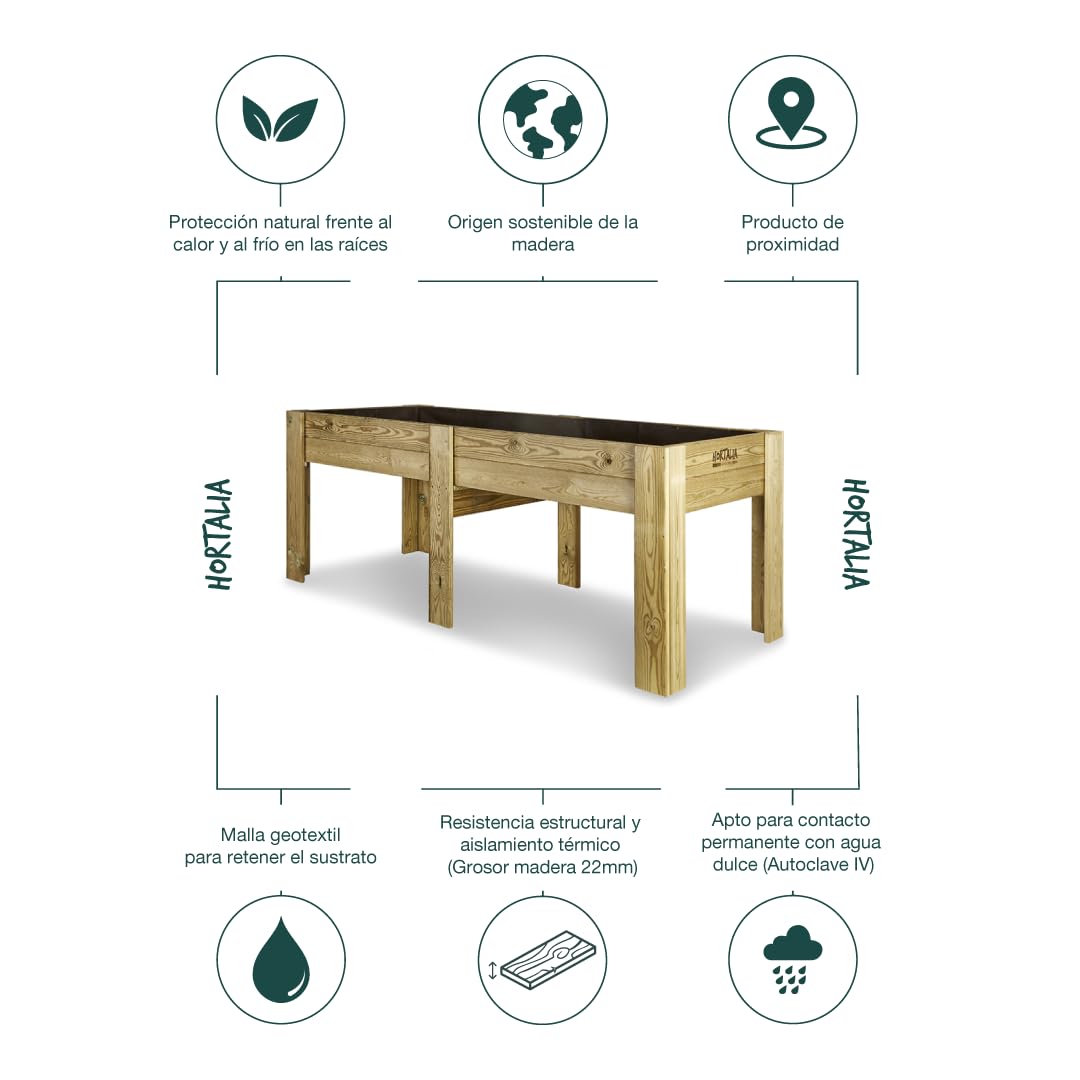Hortalia Mesa de Cultivo Grande Huerto Urbano Jardinera de Madera - Protección Exterior Autoclave Nivel IV - Gardenbrico - XXL80