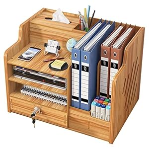 Updated Wooden Desktop Organiser with Drawer, Large Capacity Desk Tidy Storage Holder File Rack A4 Paper Document Sorter DIY Office Supplies Storage Box for Home, Office and School(JB07-2 Cherry Wood)