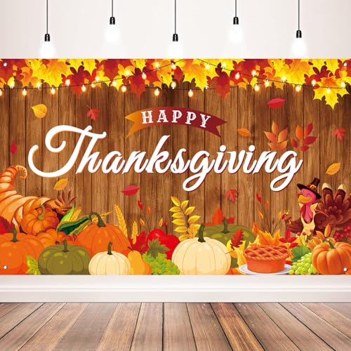 Happy Thanksgiving Maple Leaves Wooden Turkey Pumpkin Themed Banner for Party Decorations, 71x43 Inches