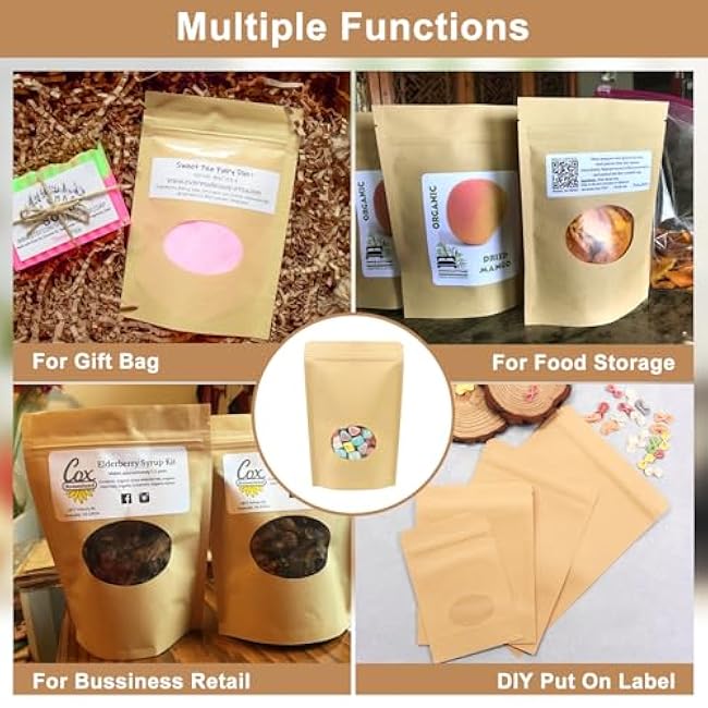 SumDirect 100Pcs Kraft Paper Bag Zip Lock,Stand-up Reusable Sealing Bag with Transparent Window and Tear Notch for Storing,Cookie,Dried Foods,Snack (7x 10 Inch-100Pcs)