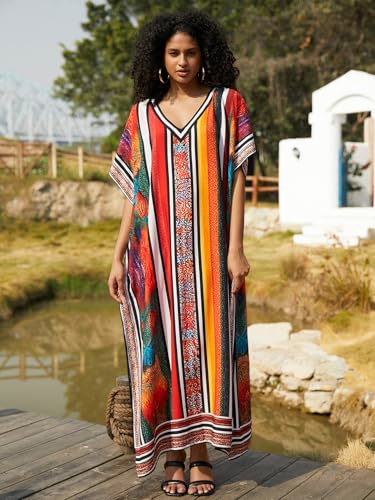 Image of IMAGEKOPE Kaftan Dresses for Women Plus Size Bathing Suit Cover up Vneck Batwing Dress Loose fit Moroccan Caftan mumu Dresses
