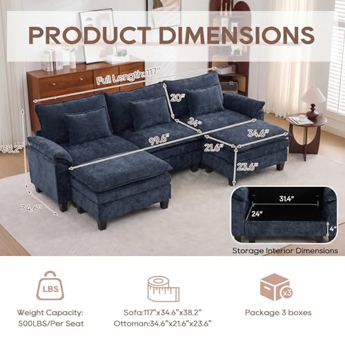 Image of IPKIG 117 inch Modular Cloud Couch with Storage, U Shaped Sectional Sofa with Ottoman & Pillow, Chenille Deep Seat Sectional Couches for Living Room, Apartment, Blue