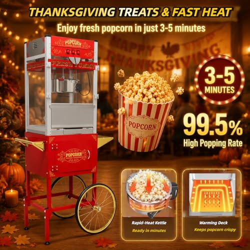 Image of 32oz Commercial Popcorn Machine, Retro Red Pop Corn Popper Cart | 32OZ Non-stick Stainless Steel Kettle, 3-Switch Control, Home Theater Style for Movie Night, Party, Office, School, Business
