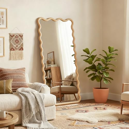 Full Length Mirror, 55"x28" Boho Wavy Wood Floor Mirror, for Bathroom, Bedroom, Living Room, Cloakroom, Entryway - Image 4