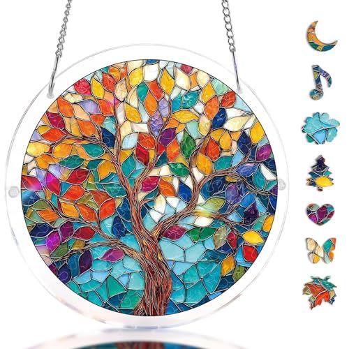 Acrylic Jigsaw Puzzle Suncatcher DIY Sun Catchers Puzzles Window Hanging for Home Decor Vivid Tree of Life Suncatcher Puzzle Gift for Women Mom Friends(83 Pieces 7 in)
