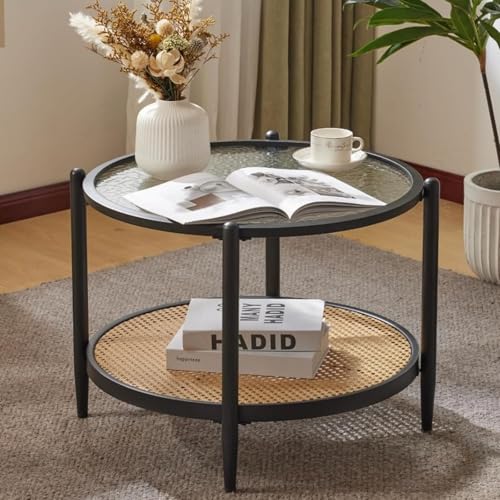 Image of VINGLI 25.6 inch Black Rattan Modern Coffee Table with 2-Tier Storage, Round Water-Wave Glass Metal Center Table for Living Room and Small Space