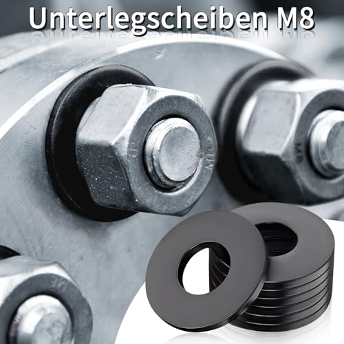 Alethron Unterlegscheiben M8 X 16mm 50 Stk Beilagscheiben Flache Unterlegscheiben M8 Edelstahl Schwarz A2 V2A DIN9021 / ISO703 Karosseriescheiben Distanzscheiben für Schrauben Gewindestange