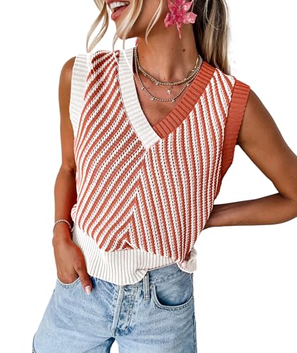 Image of MARZXIN Women Sleeveless Sweater V Neck Casual 2026 Fall Knitted Chevron V Neck Sweater Vest Color Block Pullover Sweater Top