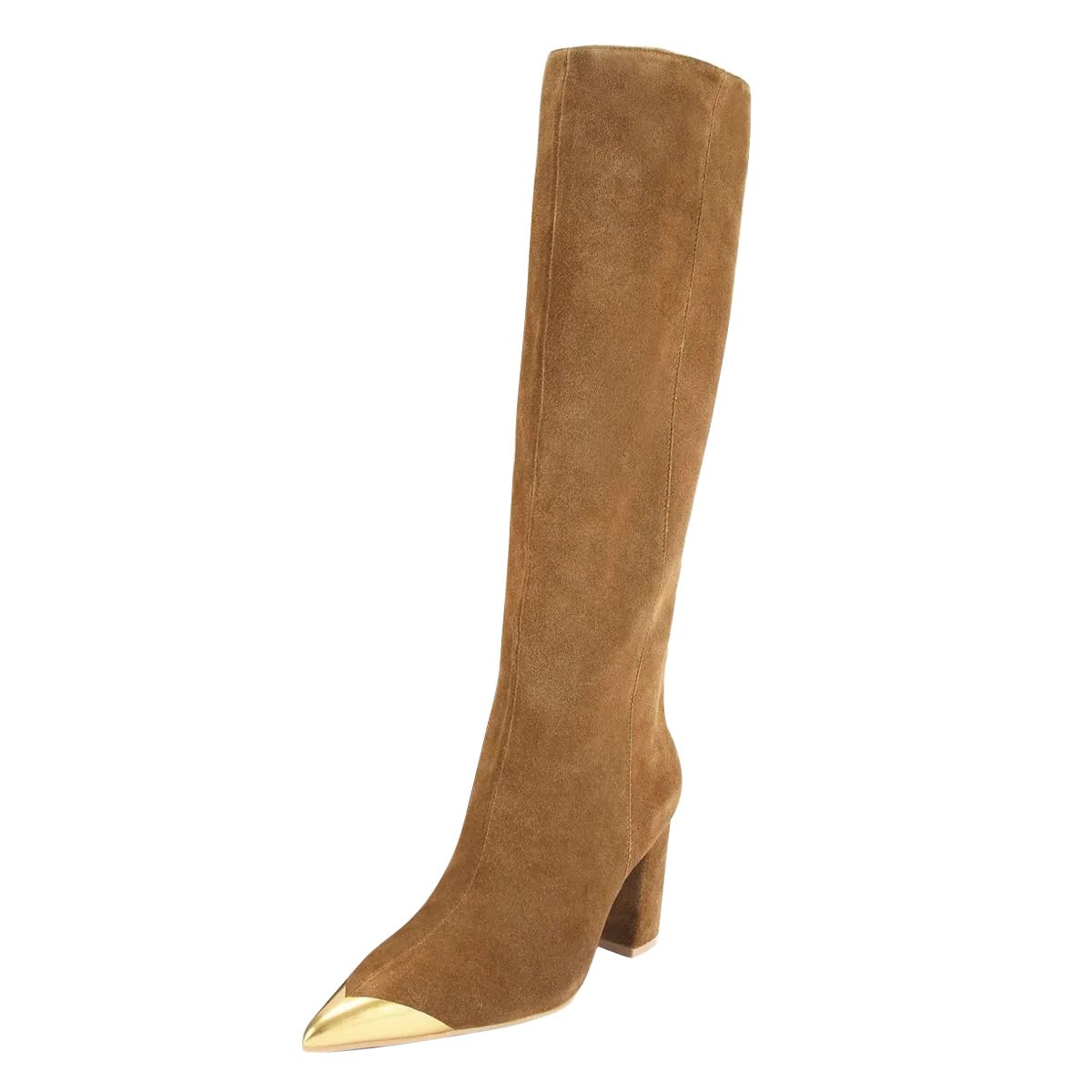 FSJ Women Chunky High Heel Knee High Boots Gold Metallic Pointed Cap Toe Side Zipper Suede Long Boots
